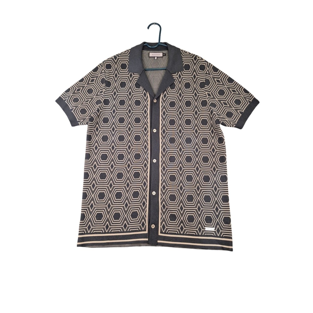 Mauvais Mens Geometric Hexagon‎ Knit Polo Shirt Green Cream Button Down Large